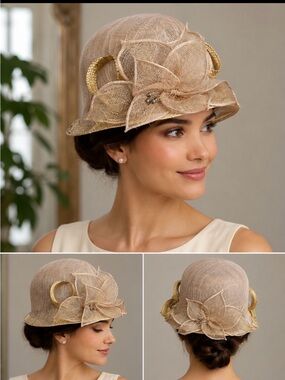 Fine Millinery Classic Beige Floral Cloche Hat with Gold Accent